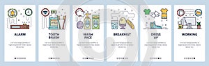 Mobile app onboarding screens. Morning routine, alarm clock, toothbrush, wash face, breakfast, dress up, office desk