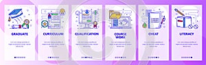 Mobile app onboarding screens. Online education, graduation certificate, cheat on exam. Menu vector banner template for