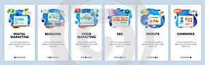 Mobile app onboarding screens. Online shopping, seo and digital marketing, video blogging. Menu vector banner template