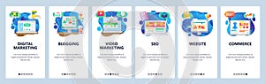 Mobile app onboarding screens. Online shopping, seo and digital marketing, video blogging. Menu vector banner template photo