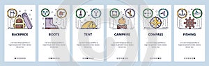 Mobile app onboarding screens. Outdoor travel, camping, tent, campfire, backpack. Menu vector banner template for