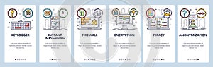 Mobile app onboarding screens. Pivate security, keylogger, spyware, instant messaging, smartphone encryption. Menu photo