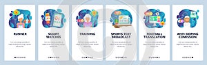 Mobile app onboarding screens. Sport, runner, wearable gadgets, training, sport news and games broadcast. Menu vector