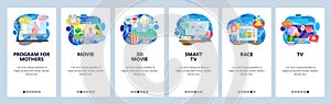 Mobile app onboarding screens. Television show, TV set, sport news, 3d movies and cinema. Menu vector banner template