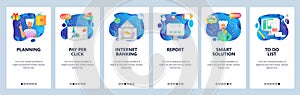 Mobile app onboarding screens. Todo list, smart solution, online banking, computer report. Menu vector banner template
