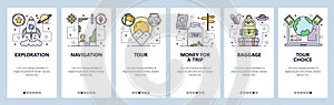 Mobile app onboarding screens. Travel and backpacking, explore, navigation map. Menu vector banner template for website