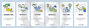 Mobile app onboarding screens. Travel, vacation and beach holiday icons. Swiming, diving, cocktails. Menu vector banner