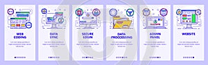 Mobile app onboarding screens. Website secure access to admin panel, data sync, coding and data processing. Menu vector