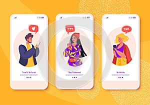 Mobile app page, screen set. Concept for website on social media, surfing internet, online chats and friends theme.