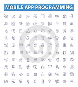 Mobile app programming line icons, signs set. Programming, Mobile, Apps, Development, Android, iOS, Swift, Kotlin