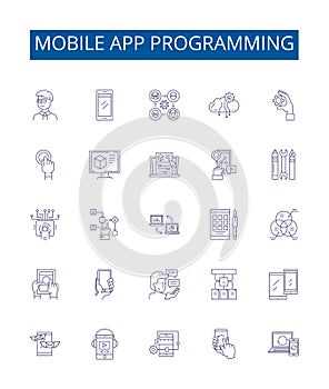 Mobile app programming line icons signs set. Design collection of Programming, Mobile, Apps, Development, Android, iOS