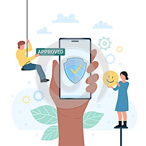 Mobile app safety technology, data protection in phone, shield on screen and tiny people