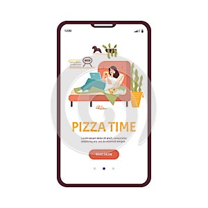 Mobile app template with image of girl eating pizza on sofa flat style