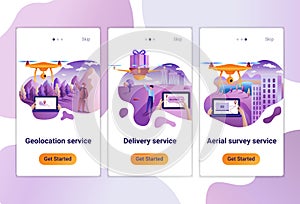 Mobile app templates of drone or quadcopter service for any use. The Flat design concept of pages design with mobile banners.