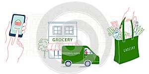Mobile app to order grocery. Courier delivering. Background city landscape