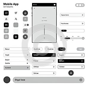 Mobile app user interface design with various elements like icons, buttons, sliders,