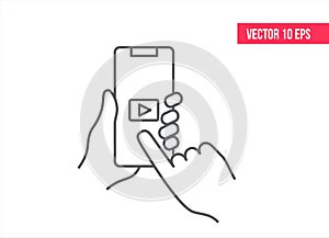 Mobile app youtube on smartphone. smartphone with play button line icon. Hand holding mobile phone. Youtube icon