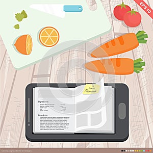 Mobile application cookbook, cooking and food concept