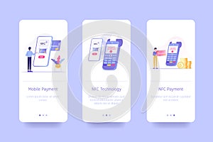 Mobile application design template set for Online payment, NFC Technology and NFC payment. Wireless pay with smartphone. UI
