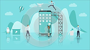 Mobile Application Development Concept with Big Phone and Little People. Experienced Teamwork and Collaboration. Usable