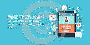 Mobile application development - mobile app. Vector banner illustration.