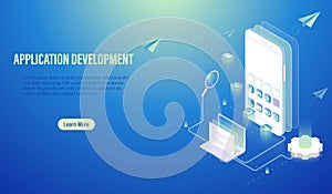 Mobile Application Development and program coding concept, software building by computer laptop and smartphone, UI UX and web