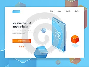 Mobile application development and software programming, mobile phone with text message on screen isometric vector