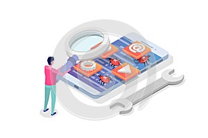 Mobile application development, testing and prototyping process isometric vector.