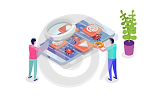 Mobile application development, testing and prototyping process isometric vector.