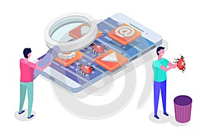 Mobile application development, testing and prototyping process isometric vector.