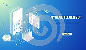 Mobile Application Development and UI UX design layout on screen, programmer coding, software building by computer laptop and