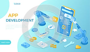 Mobile application development. UI UX phone interface design creation. Adaptive layout application web interface on smartphone