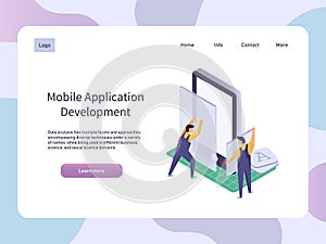 Mobile Application development. Worker building smartphone app. Isometric technology vector illustration