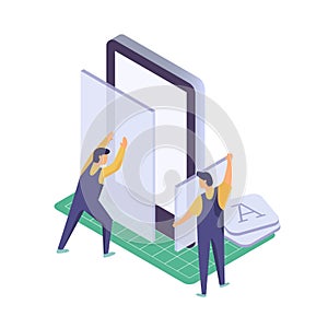 Mobile Application development. Worker building smartphone app. Isometric technology vector illustration