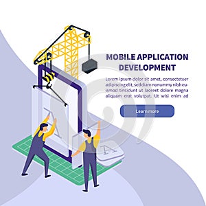 Mobile Application development. Worker building smartphone app. Isometric technology vector illustration