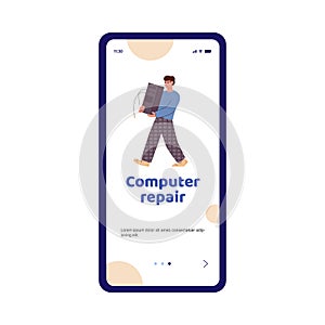 Mobile application interface for computer repair, flat vector illustration.