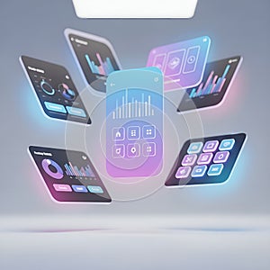 Modern Isometric Mobile Application Interface with Data Visualization and Interactive Elements, Generative AI