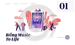 Mobile Application for Listening Music Website Landing Page. People Listen Music on Phone. Characters Enjoying Sound