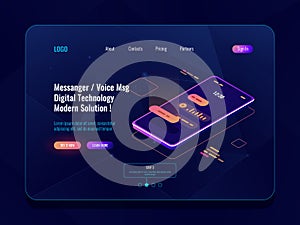 Mobile application messenger concept isometric icon, mobile phone with sms dialog on screen, chatbot, sent voice message photo