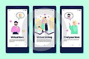 Mobile app set for virtual online dating chat sketch cartoon vector illustration.