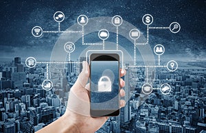 Mobile application and online data security system technology. Hand using mobile smart phone with lock and application icon