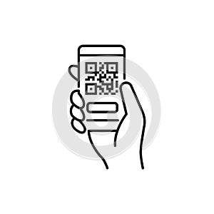 Mobile application, QR code scanning in smartphone black line icon. City transport rental. Pictogram for web, mobile app