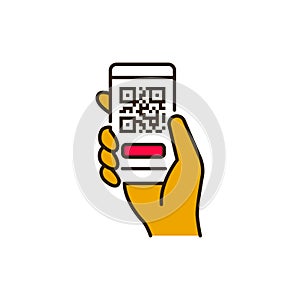 Mobile application, QR code scanning in smartphone color line icon. City transport rental. Pictogram for web, mobile app, promo.