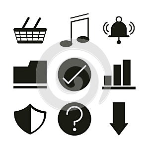 Mobile application shopping music support file, web button menu digital silhouette style icons set