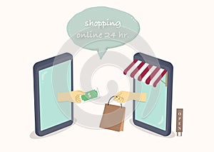 Mobile application, shopping online 24 hr. , illustration concept.