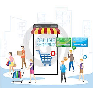 Mobile application for shopping, Online supermaket, Smartphone with shopping app photo