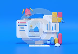 Mobile application, Software and web development with 3d shapes, bar chart, an infographic on blue background. 3d rendering