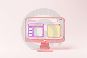 Mobile application, Software and web development with 3d shapes, bar chart, infographic on pink background. 3d illustration