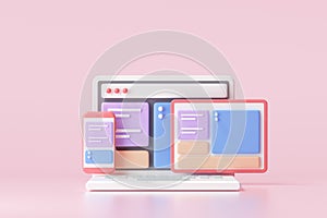 Mobile application, Software and web development with 3d shapes, bar chart, an infographic on pink background. 3d rendering