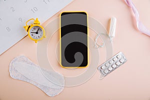 Mobile application to track your menstrual cycle and for marks. PMS and the critical days concept. Cotton tampon